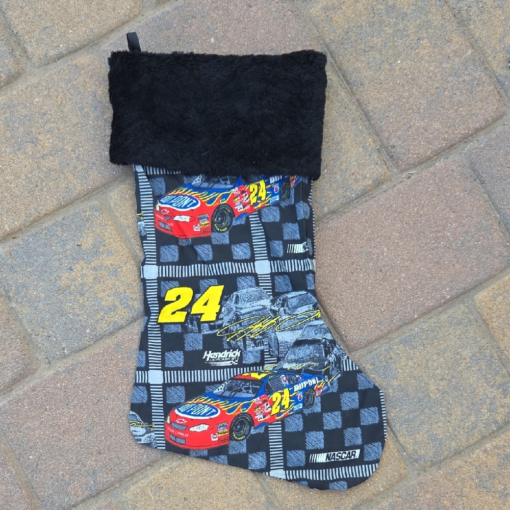 Nascar Black Racing Stocking with Red and Yellow Car Graphics Handmade